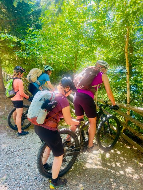 E-MTB Camp Ultental 2026 Vier E-MTB-Fahrerinnen schieben ihre Bikes gemeinsam über eine steile Waldpassage im Ultental in Südtirol.