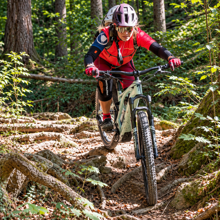 Mountainbikerin mit pinkem Helm fährt über einen wurzeligen Waldtrail.