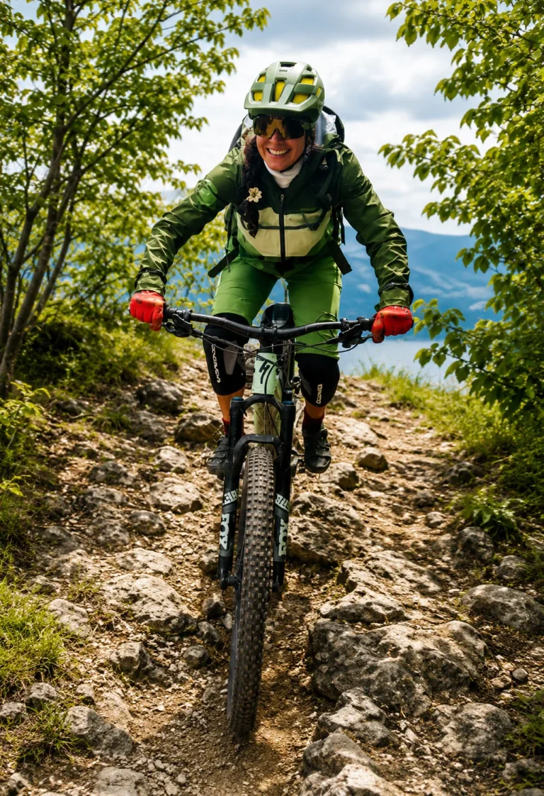 Lächelnde Mountainbikerin auf einem steinigen Trail mit See und Bergen im Hintergrund.